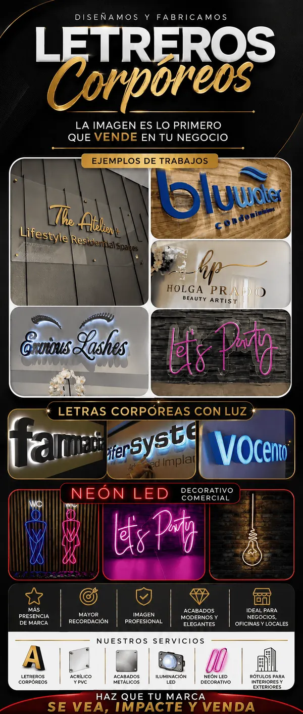 Afiche de IMPACTO: letreros corpóreos, neón LED y ejemplos instalados