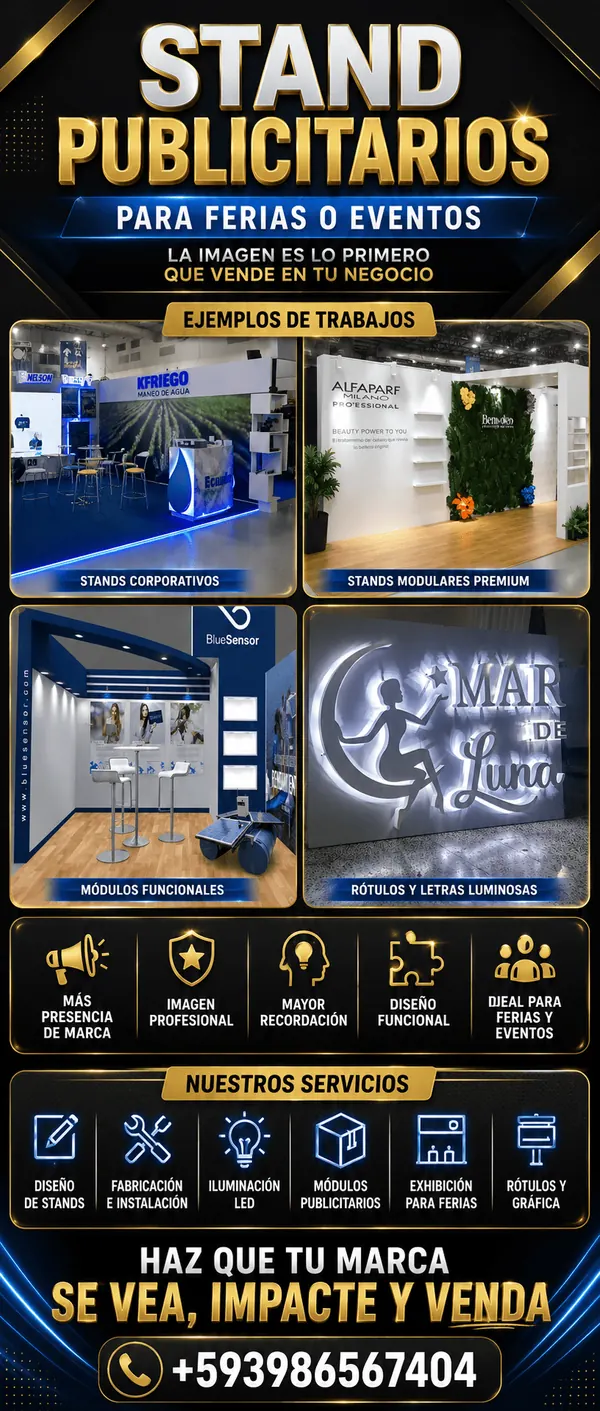 Afiche de IMPACTO: stands publicitarios para ferias y eventos, con ejemplos de trabajos